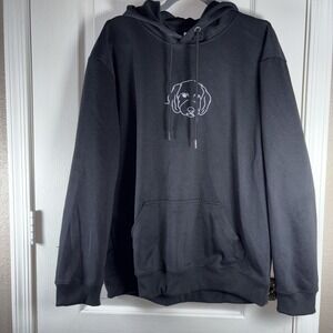 Men's Black Pullover Hoodie XL Embroidered Dog Face Graphic Kangaroo Pocket Casu